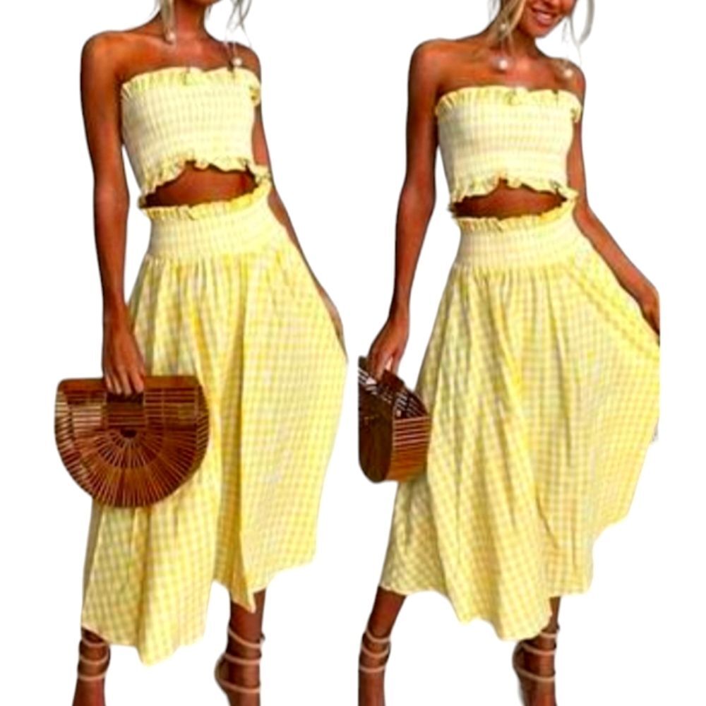 Goodnight Macaroon Skirt Midi Set Yellow Ruffle Gingham Smock Tube Crop Top S